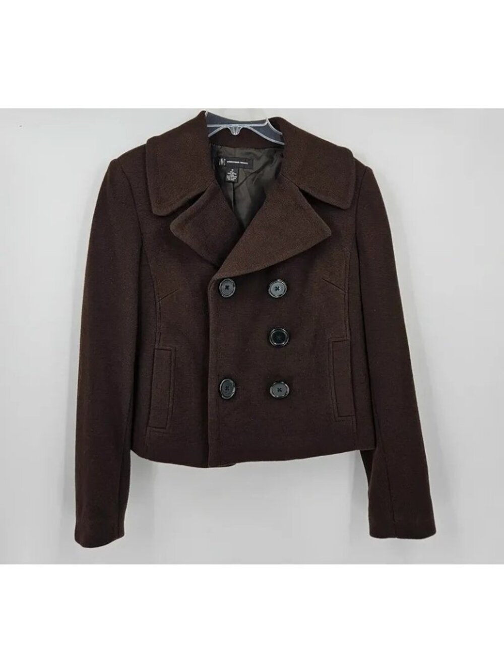INC International Concepts Brown Cropped Double-Breasted Peacoat Jacket Size M